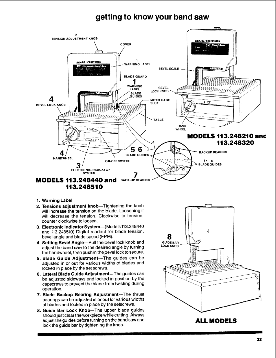 Craftsman 113.248510 owner manual Getting to know your band saw, MODELS113.248210an¢ 