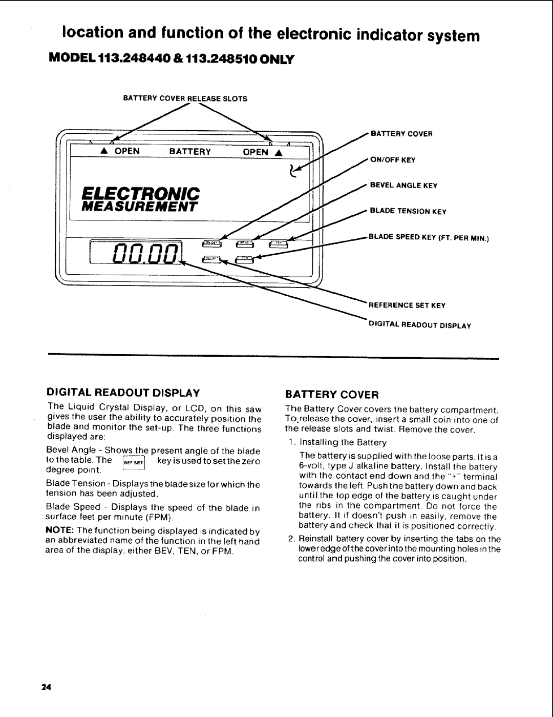 Craftsman Location and function of the electronic indicator system, Model 113.248440 & 113.248510 on LY, Battery Cover 