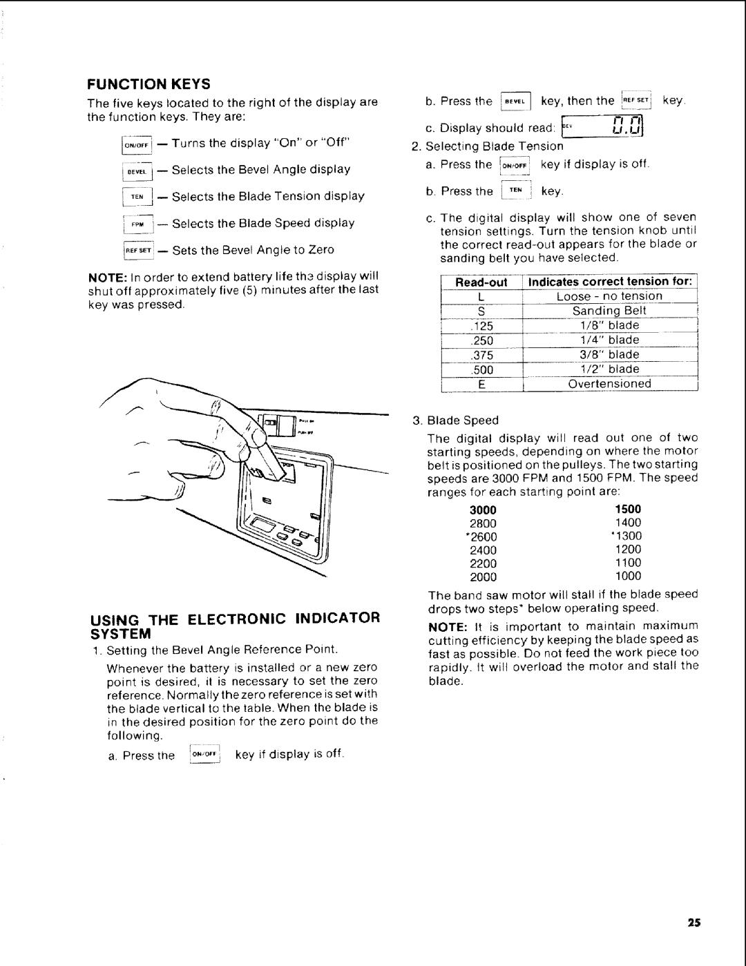 Craftsman 113.248510 Function Keys, Using the Electronic Indicator System, Read-out Indicates correct tension for, 3000 