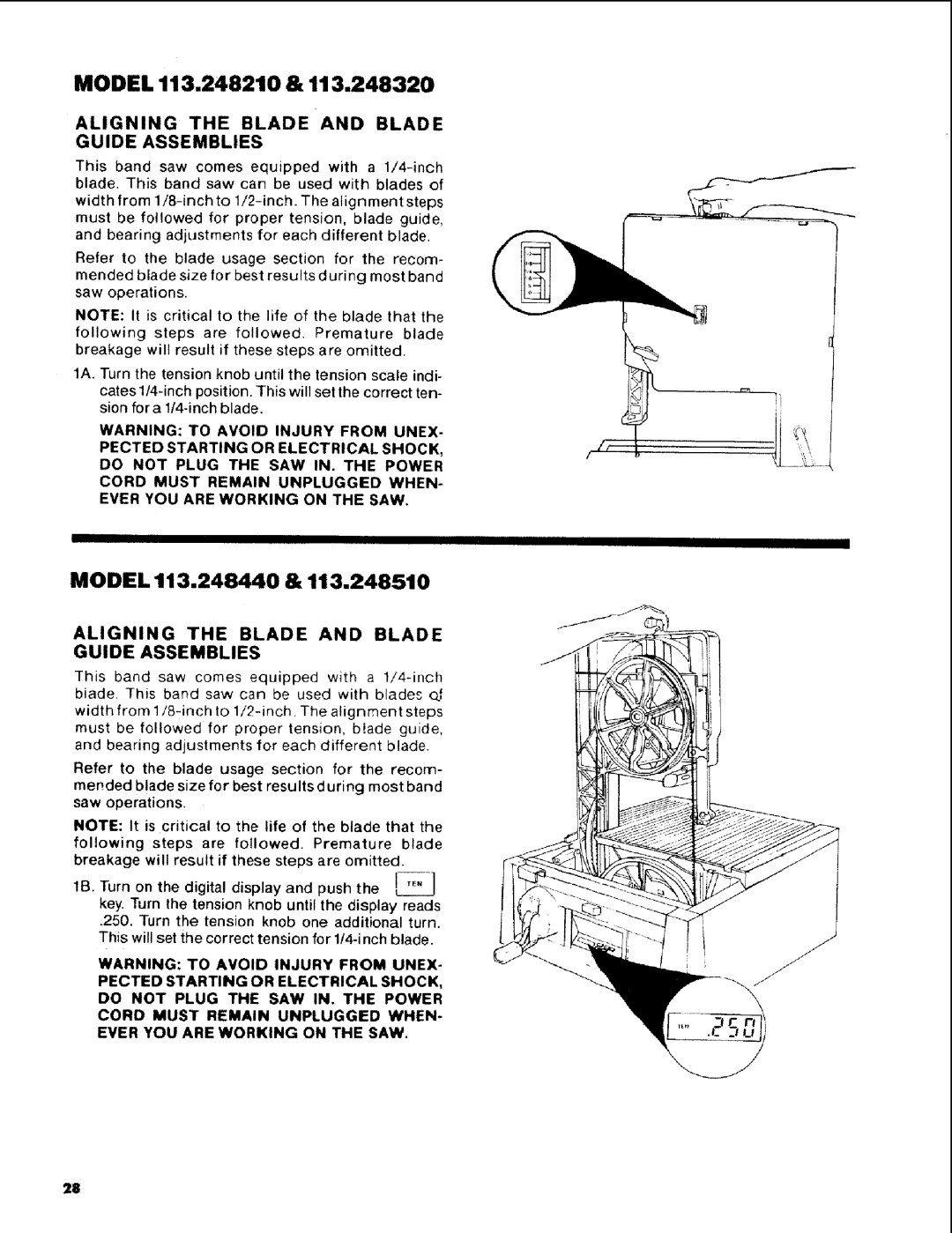 Craftsman 113.248510 owner manual Model 113.248440, Aligning the Blade and Blade Guide Assemblies 