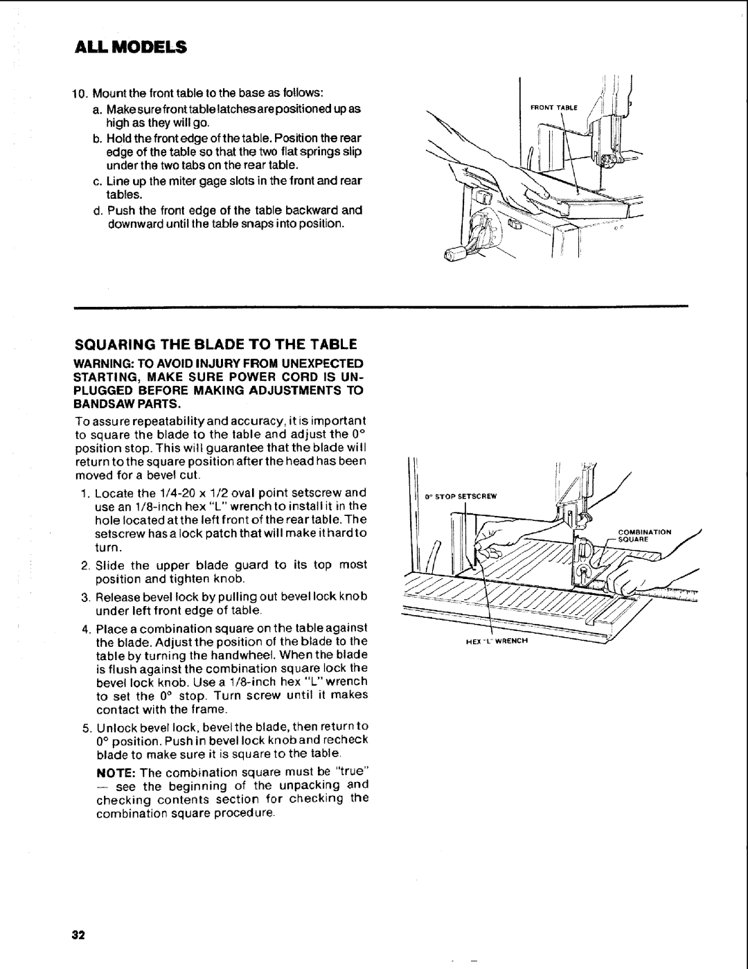 Craftsman 113.248510 owner manual Squaring the Blade to the Table 