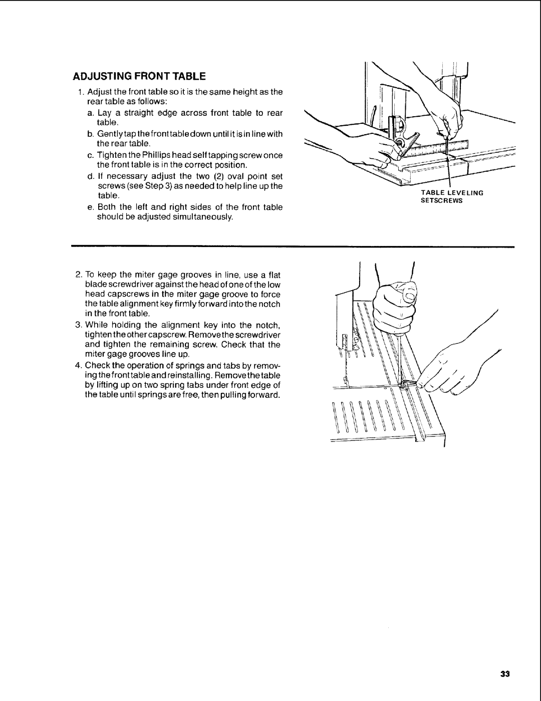 Craftsman 113.248510 owner manual Adjusting Front Table 