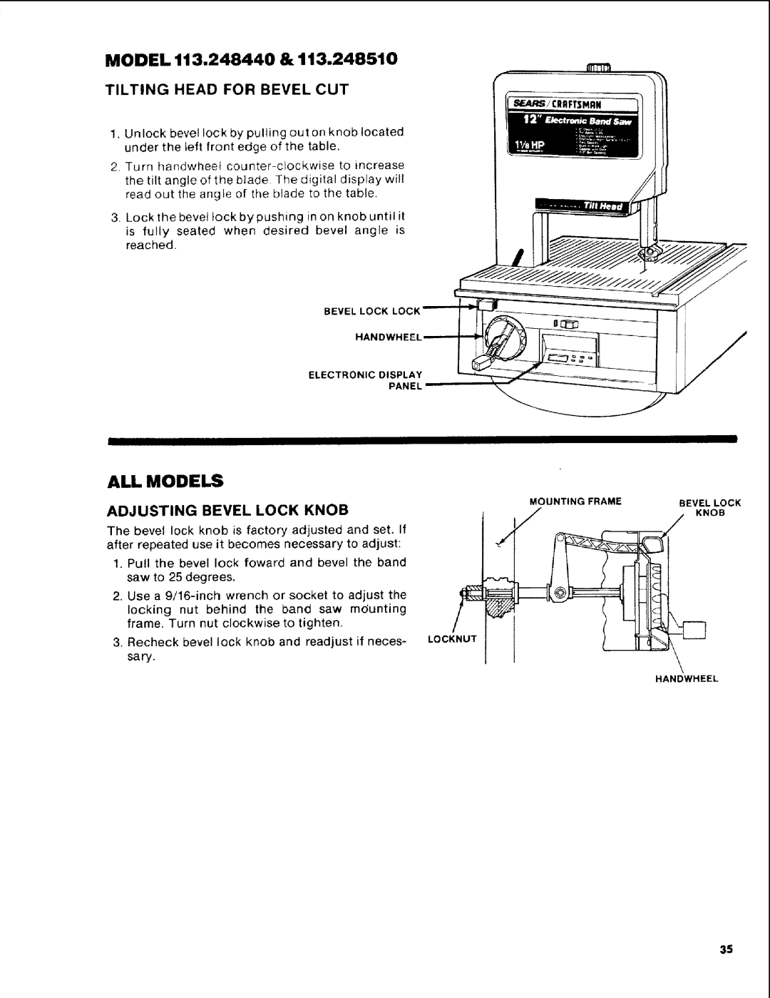 Craftsman 113.248510 owner manual Model 113.248440, Adjusting Bevel Lock Knob 