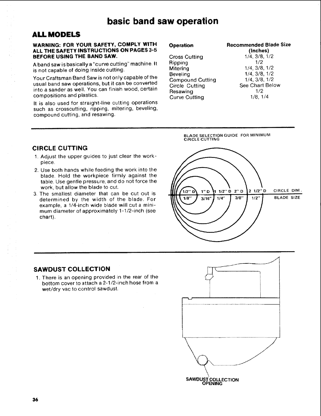 Craftsman 113.248510 Basic band saw operation, Sawdust Collection, Circle Cutting, Operation Recommended Blade Size 