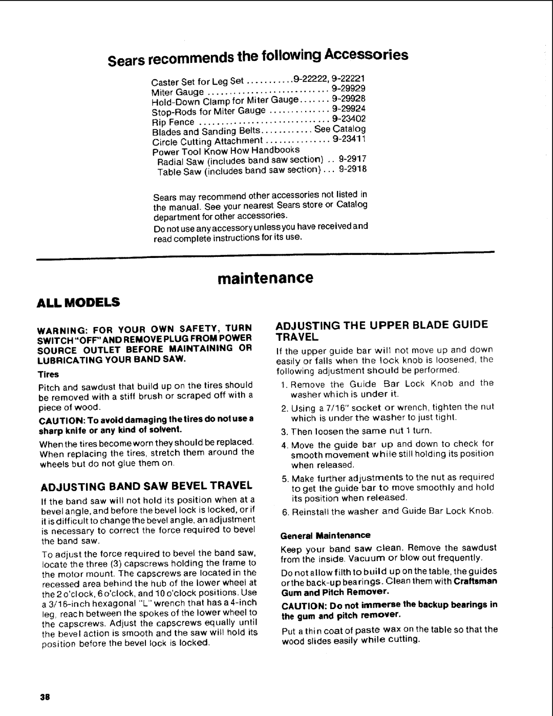 Craftsman 113.248510 owner manual Maintenance, Adjusting Band SAW Bevel Travel, Adjusting the Upper Blade Guide Travel 