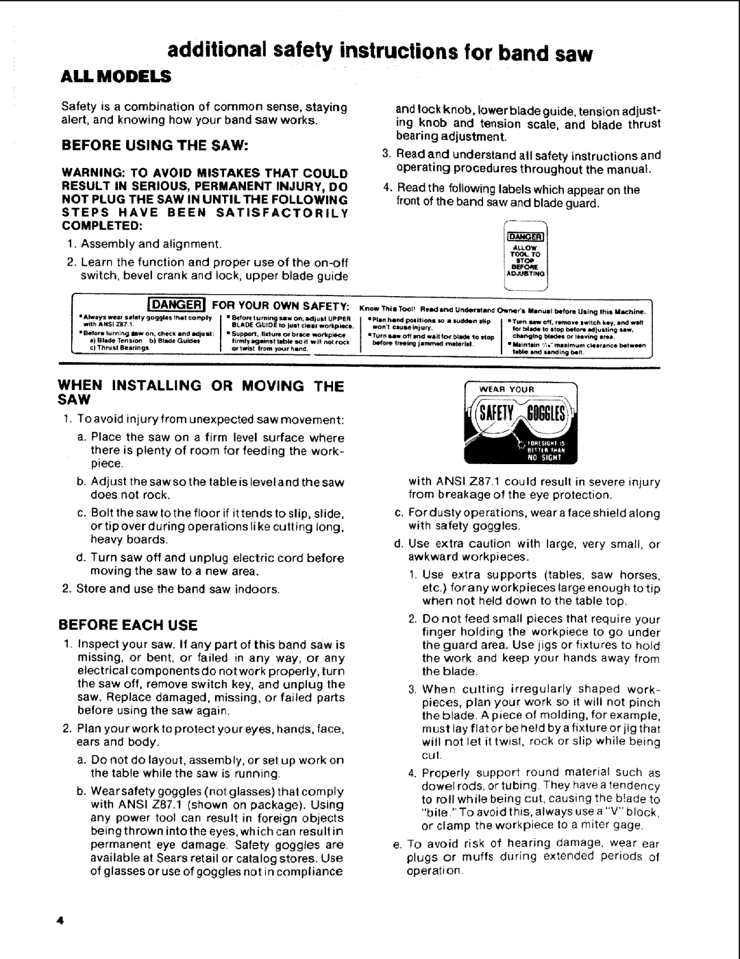 Craftsman 113.248510 Additional safety instructions for band saw, Before Using the SAW, When Installing or Moving the SAW 