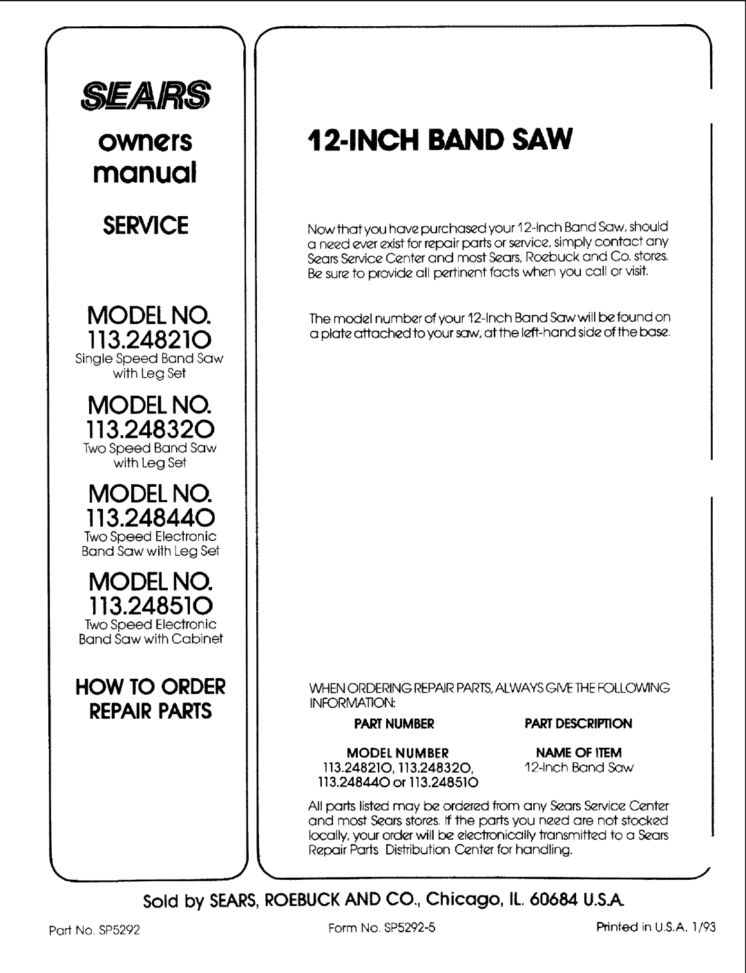 Craftsman 113.248510 owner manual Airs, Part Numberpartdescription Model Name of Item 