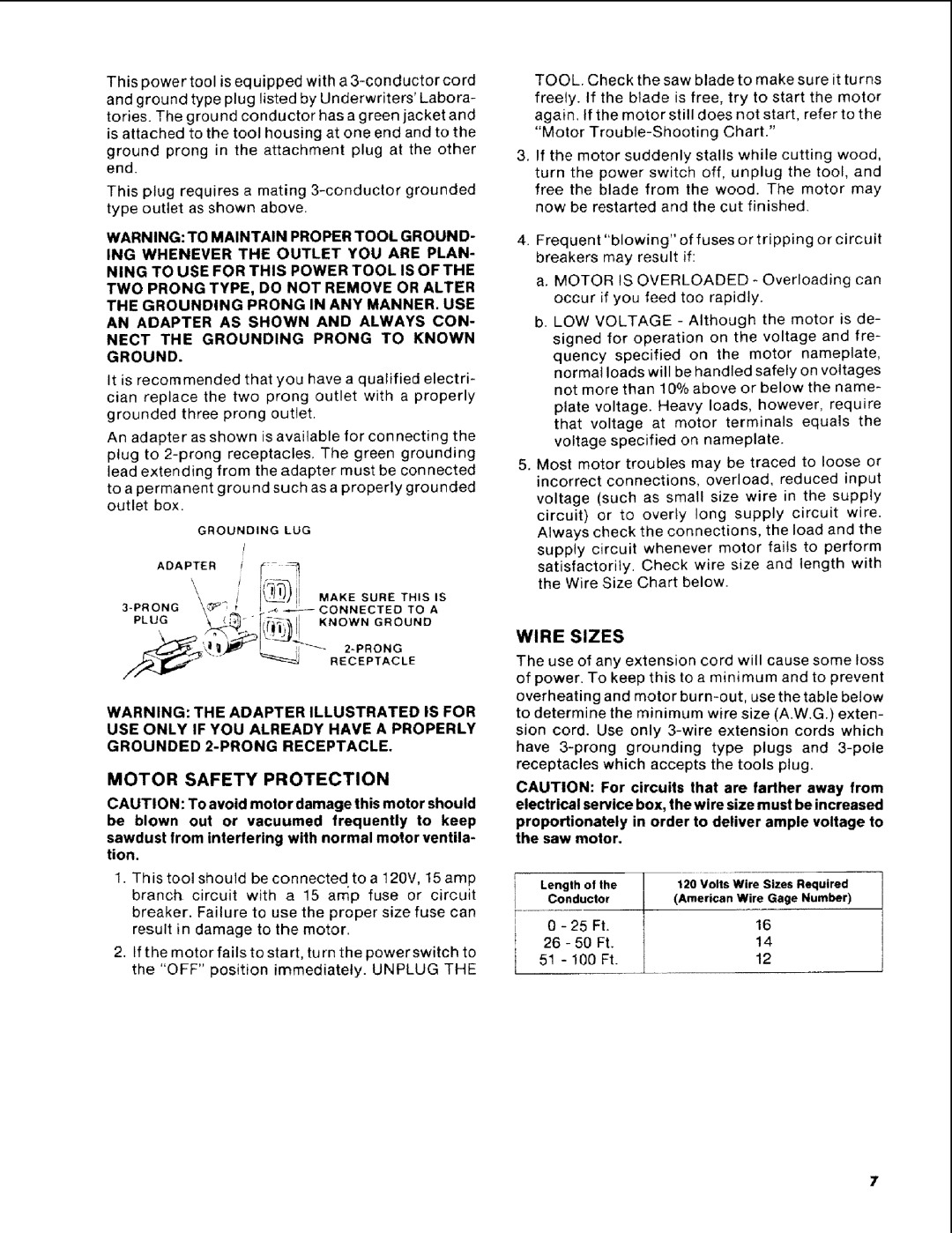 Craftsman 113.248510 Motor Safety Protection, Wire Sizes, Sawdust from interfering with normal motor ventila- tion 