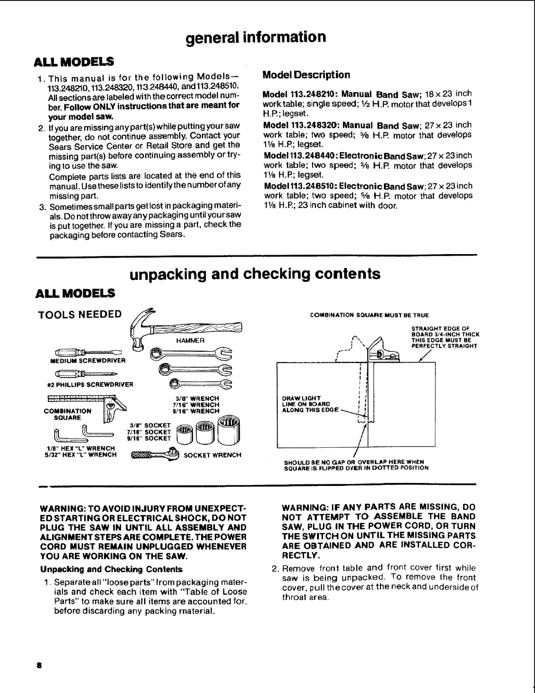 Craftsman 113.248510 owner manual General information, Unpacking and checking contents 