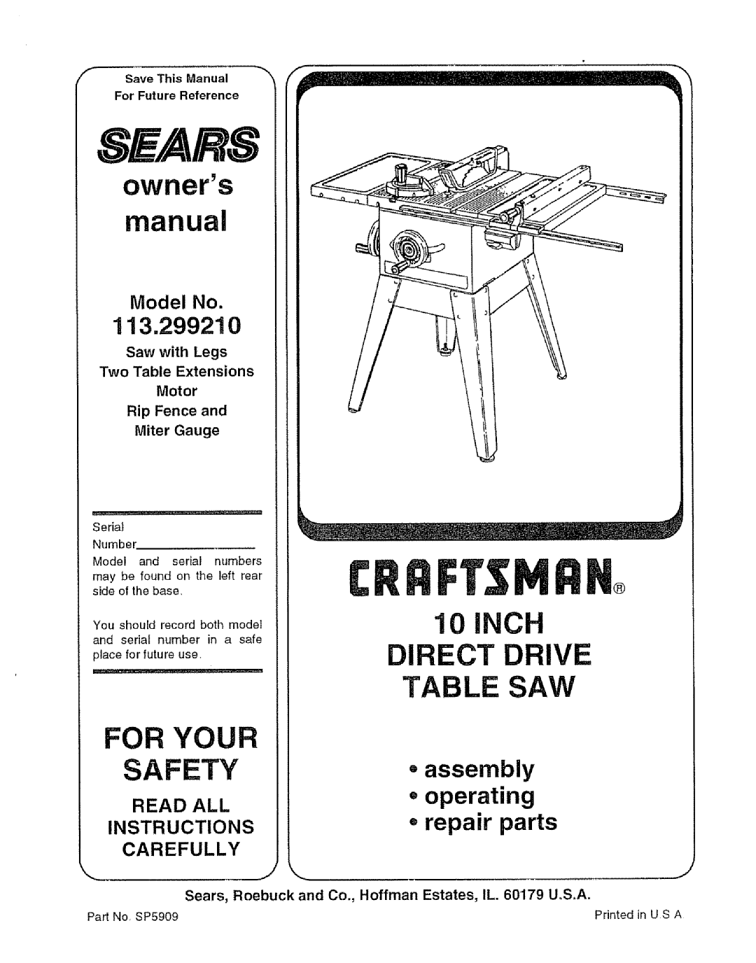 Craftsman 113.29921 owner manual Two Table Extensions, Rip Fence Miter Gauge, Save This Manual For Future Reference 