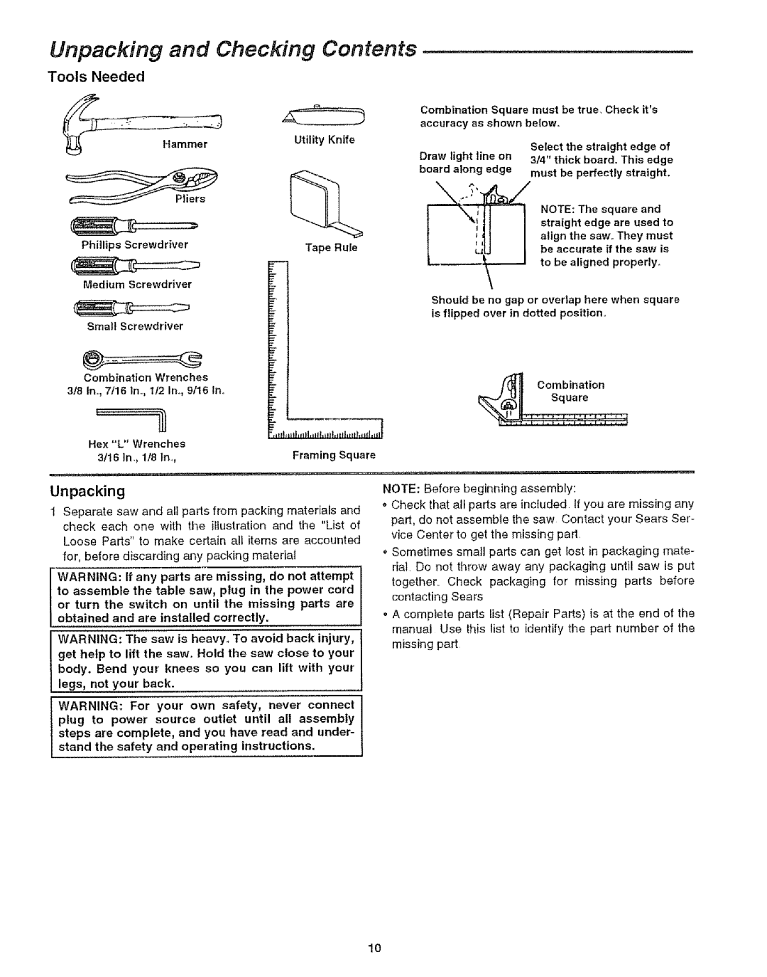 Craftsman 113.29921 owner manual Unpacking and Checking Contents 