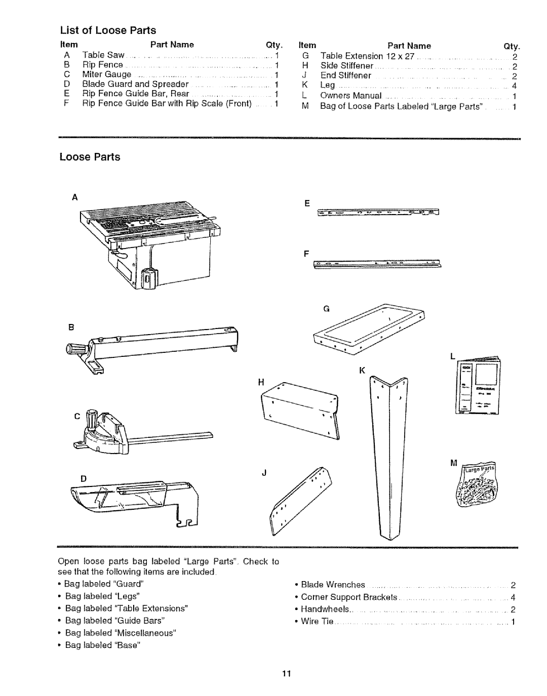 Craftsman 113.29921 owner manual List, Loose Parts, Part Name Qtyo 