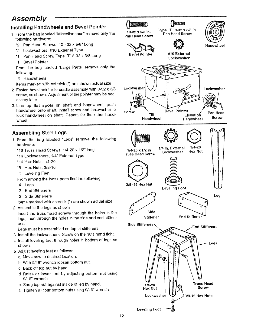 Craftsman 113.29921 owner manual Installing Handwheels and Bevel Pointer, Assembling Steel Legs 