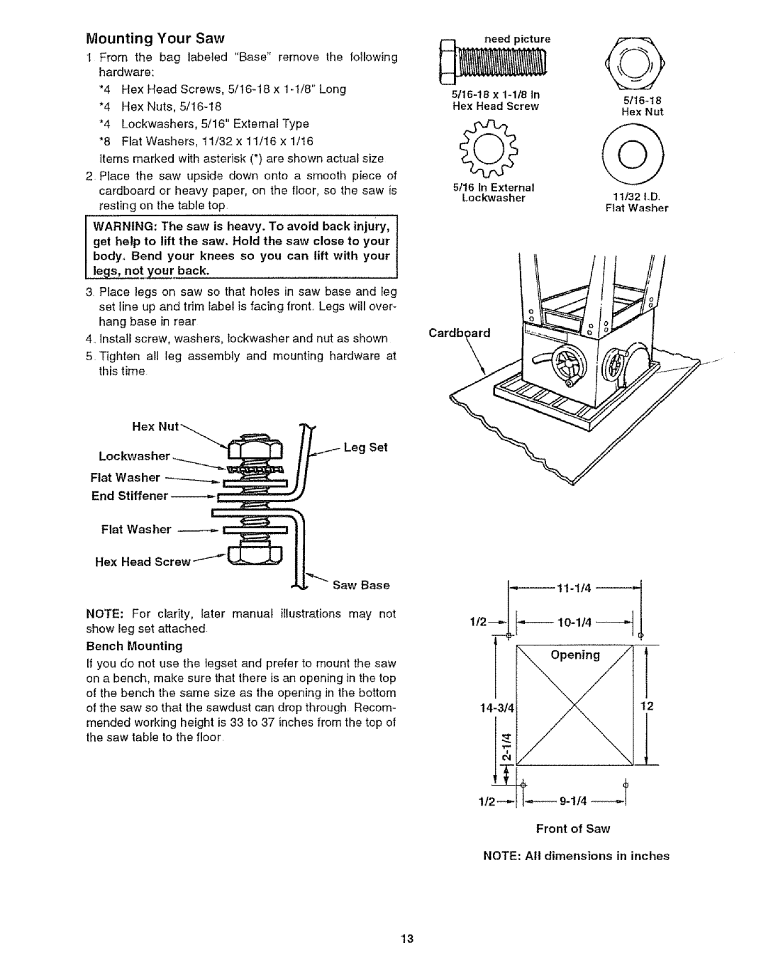 Craftsman 113.29921 owner manual Mounting Your Saw, Leg Set Flat Washer, Bench Mounting 