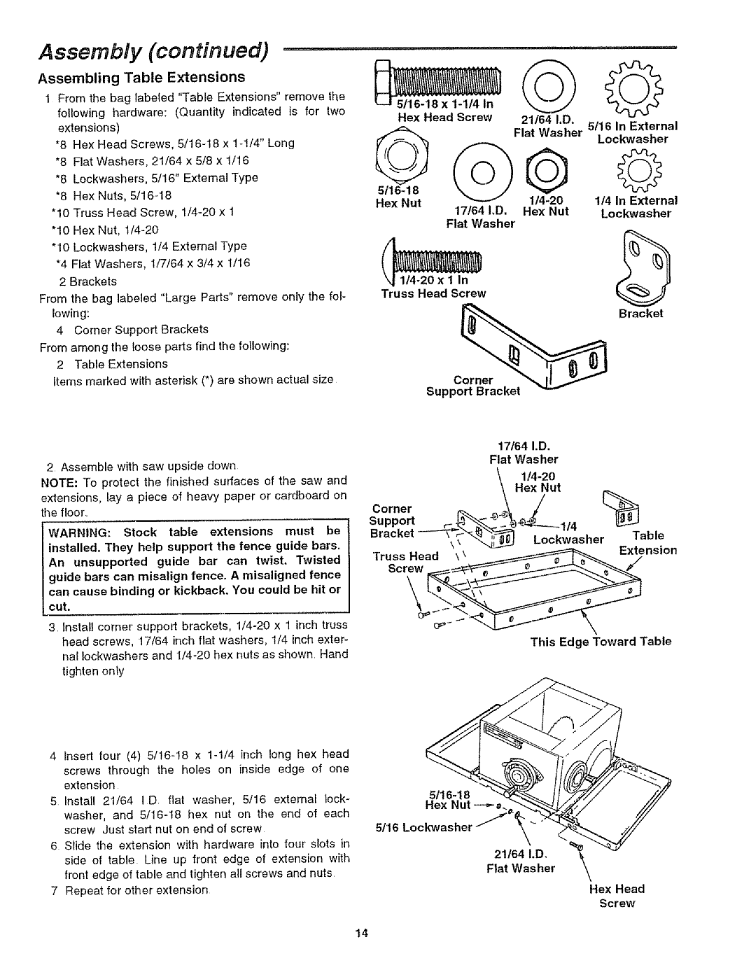 Craftsman 113.29921 owner manual Assembly, Assembling Table Extensions 