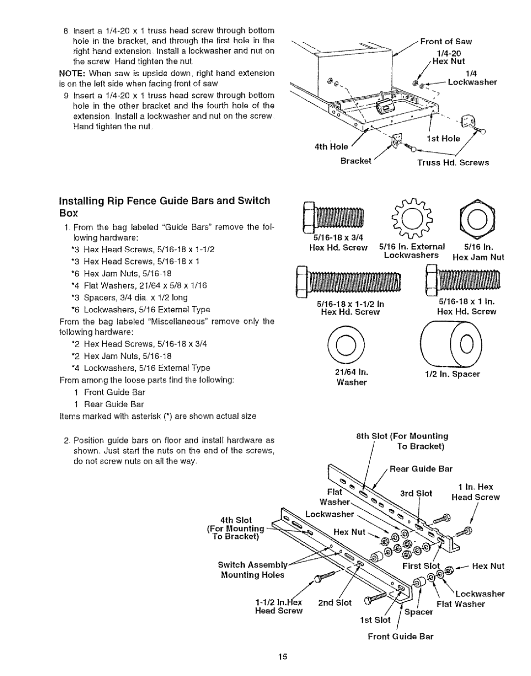 Craftsman 113.29921 owner manual Installing Rip Fence Guide Bars and Switch 