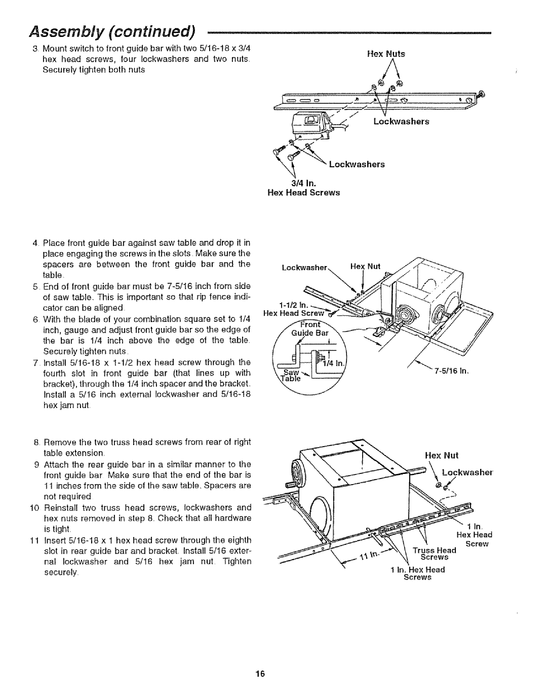 Craftsman 113.29921 owner manual Hex Nuts Lockwashers, Lockwas her 