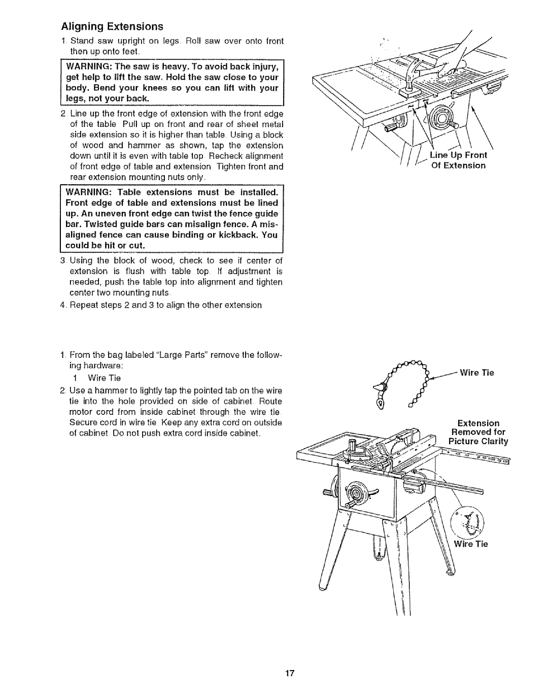 Craftsman 113.29921 owner manual Aligning Extensions, Could be hit or cut, Wire Tie 