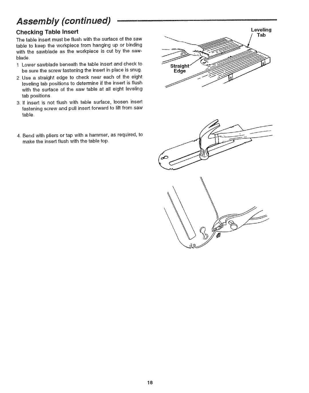 Craftsman 113.29921 owner manual Checking Table Insert, Leveling Tab Edge 