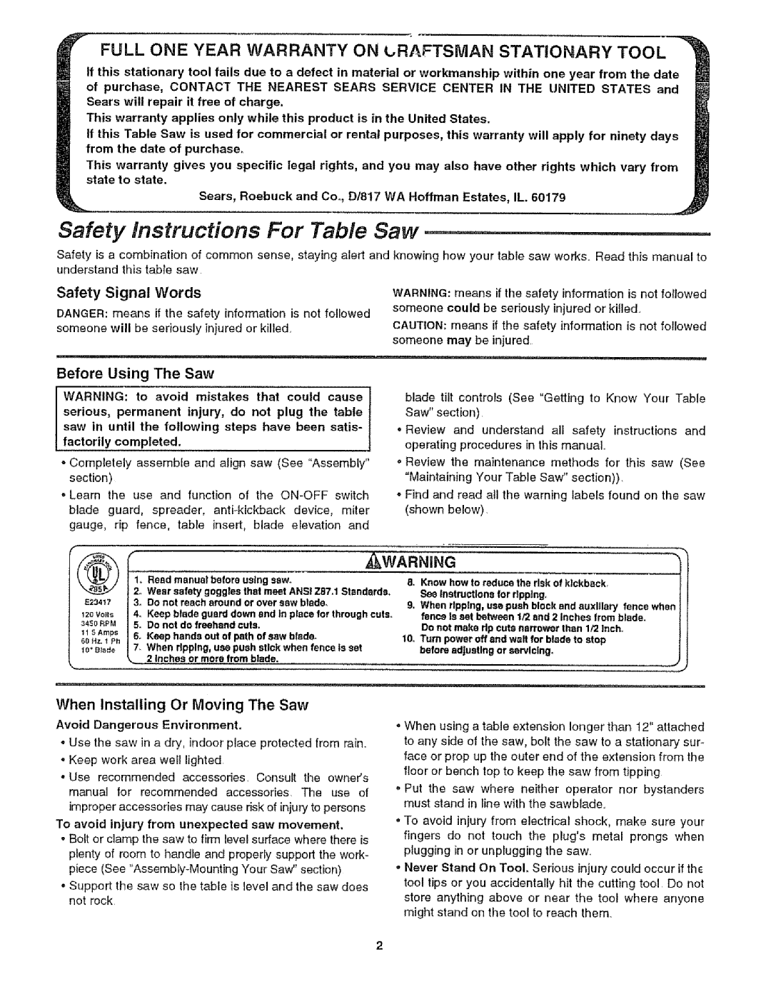 Craftsman 113.29921 owner manual Safety Instructions For Table Saw, Safety Signal Words Before Using The Saw 