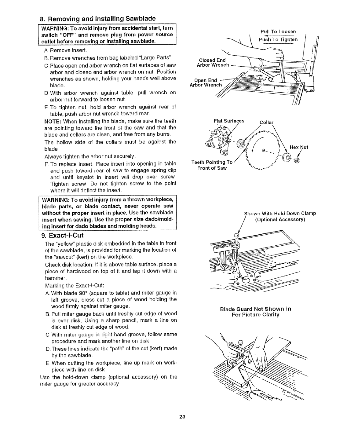 Craftsman 113.29921 owner manual Removing and Installing Sawblade, Push To Tighen 