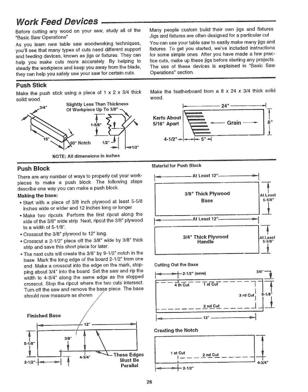 Craftsman 113.29921 owner manual Work Feed Devices, Push Stick, Push Block 