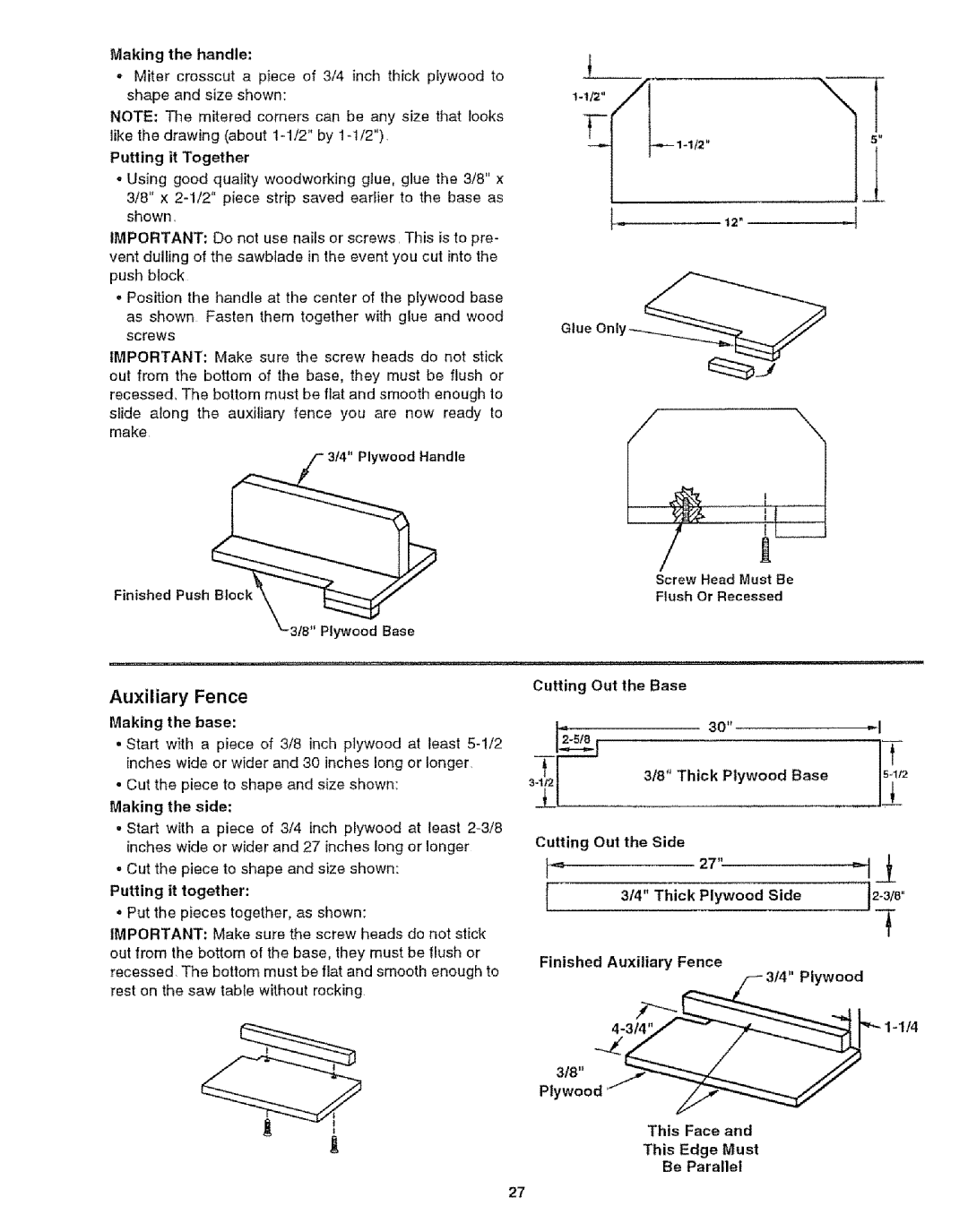 Craftsman 113.29921 Auxiliary Fence, Making the handle, 3E-l!2rL Thick Plywood Base, This Edge Must Be Parallel 