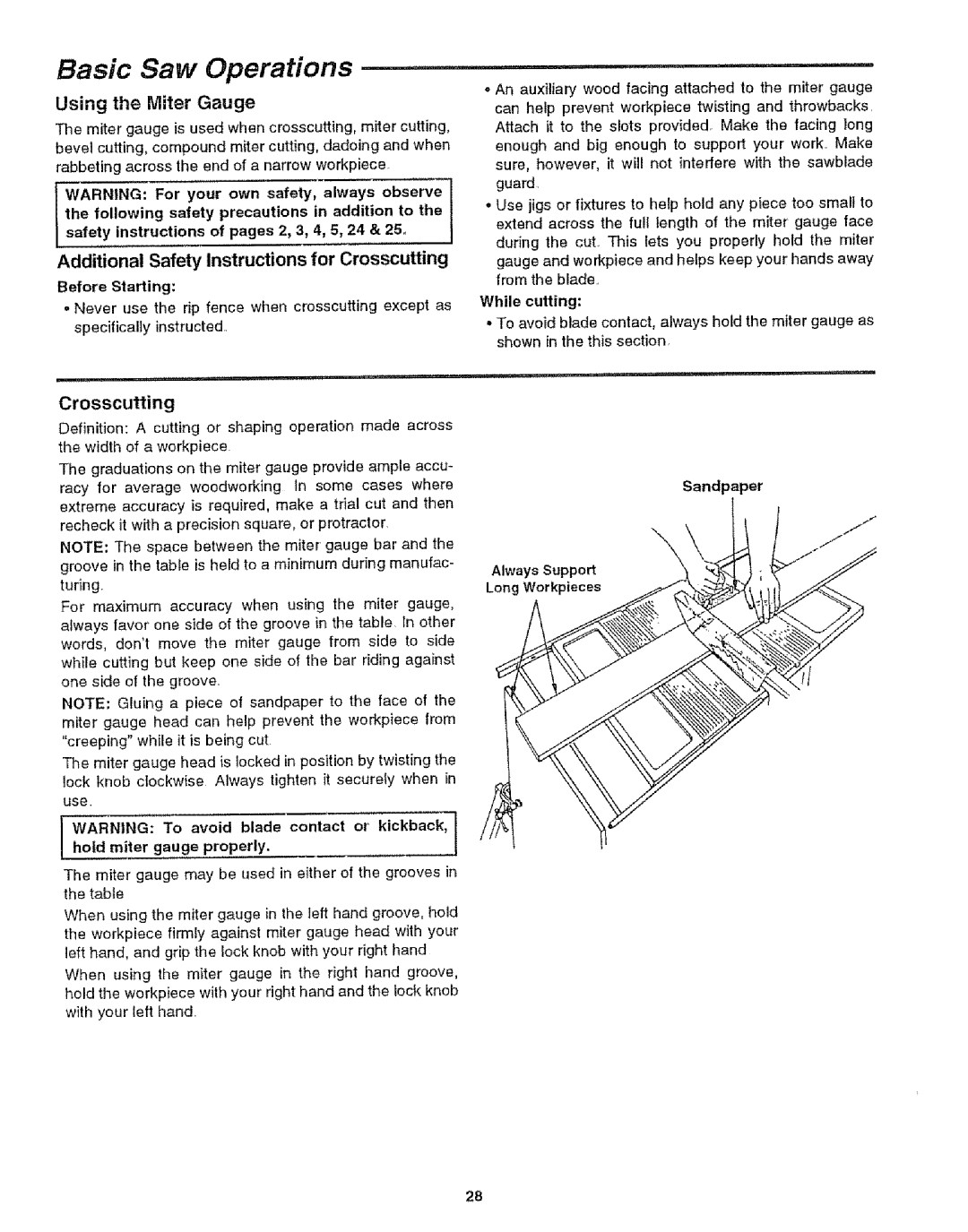 Craftsman 113.29921 Basic Saw Operations, Using the Miter Gauge, Additional Safety Instructions for Crosscutting 