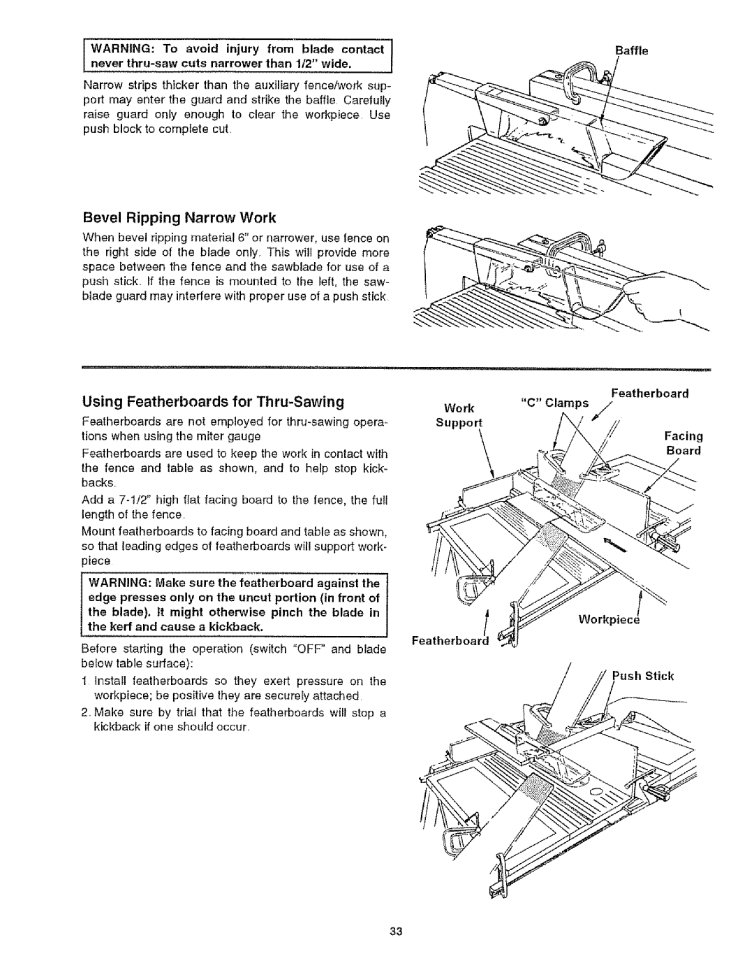 Craftsman 113.29921 owner manual Bevel Ripping Narrow Work, Using Featherboards for Thru-Sawing, Featherhoar Facing 