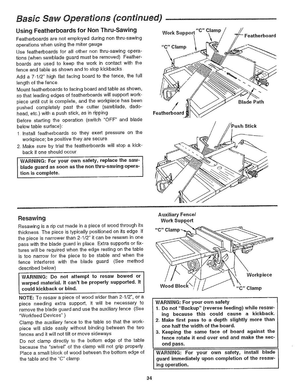 Craftsman 113.29921 owner manual Using Featherboards for Non Thru-Sawing, Resawing, Work Sup, Ond pass 