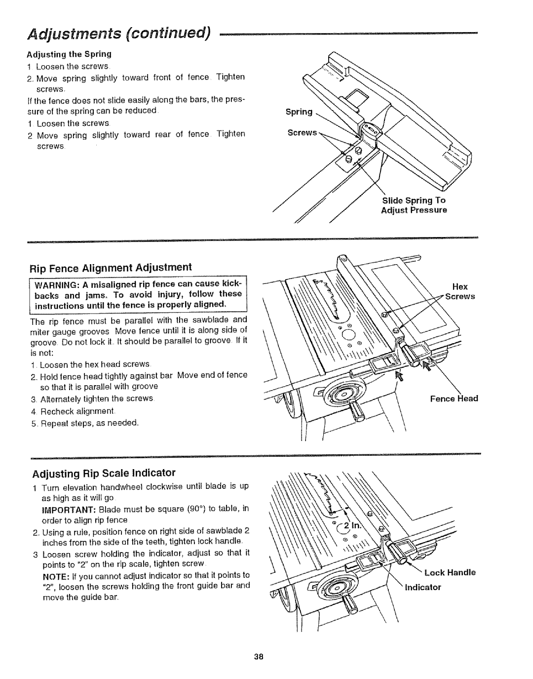 Craftsman 113.29921 Rip Fence Alignment Adjustment, Adjusting Rip Scale Indicator, Slide Spring To Adjust Pressure 