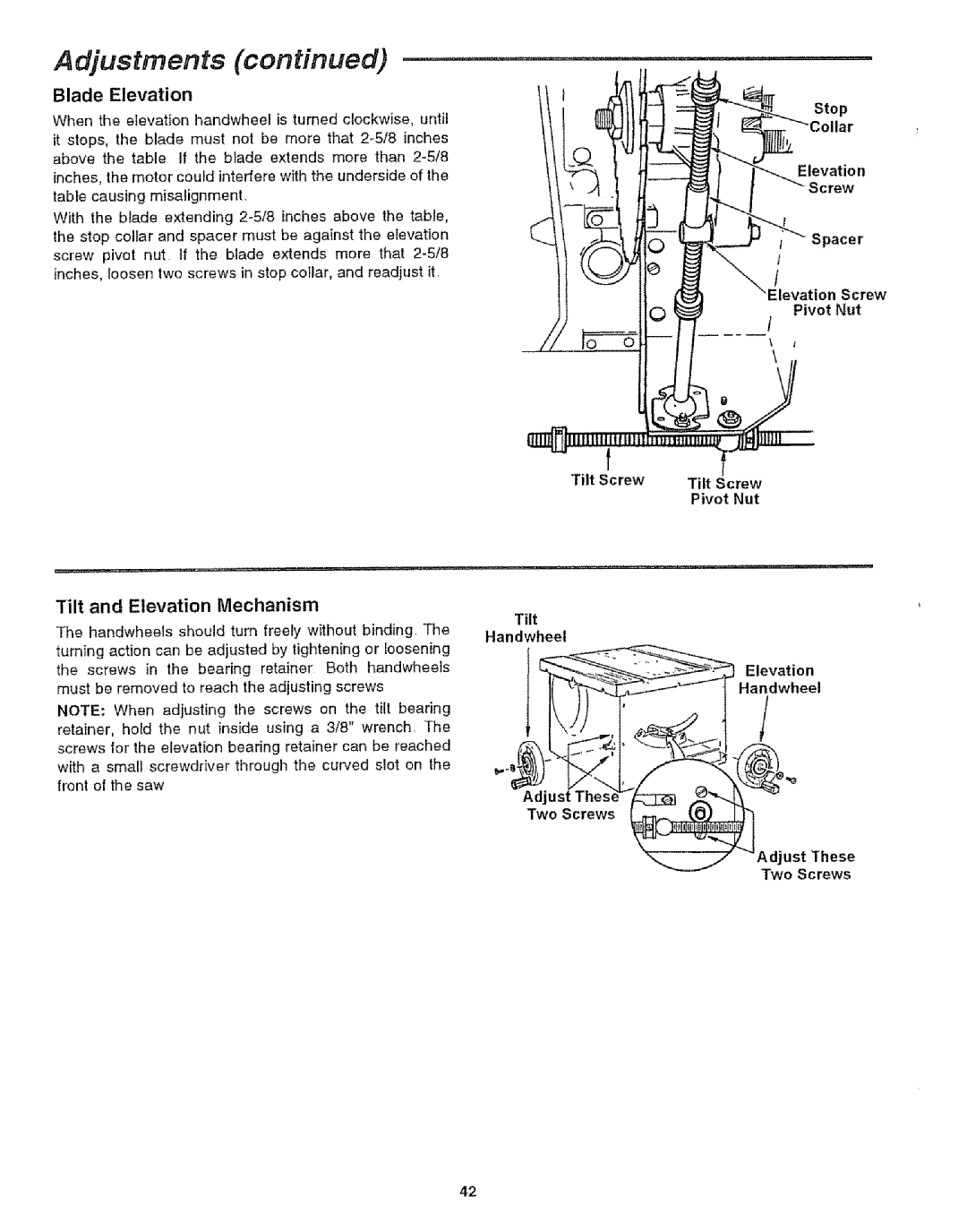 Craftsman 113.29921 owner manual Blade Elevation, Tilt and Elevation Mechanism, Tilt Screw, Screws 