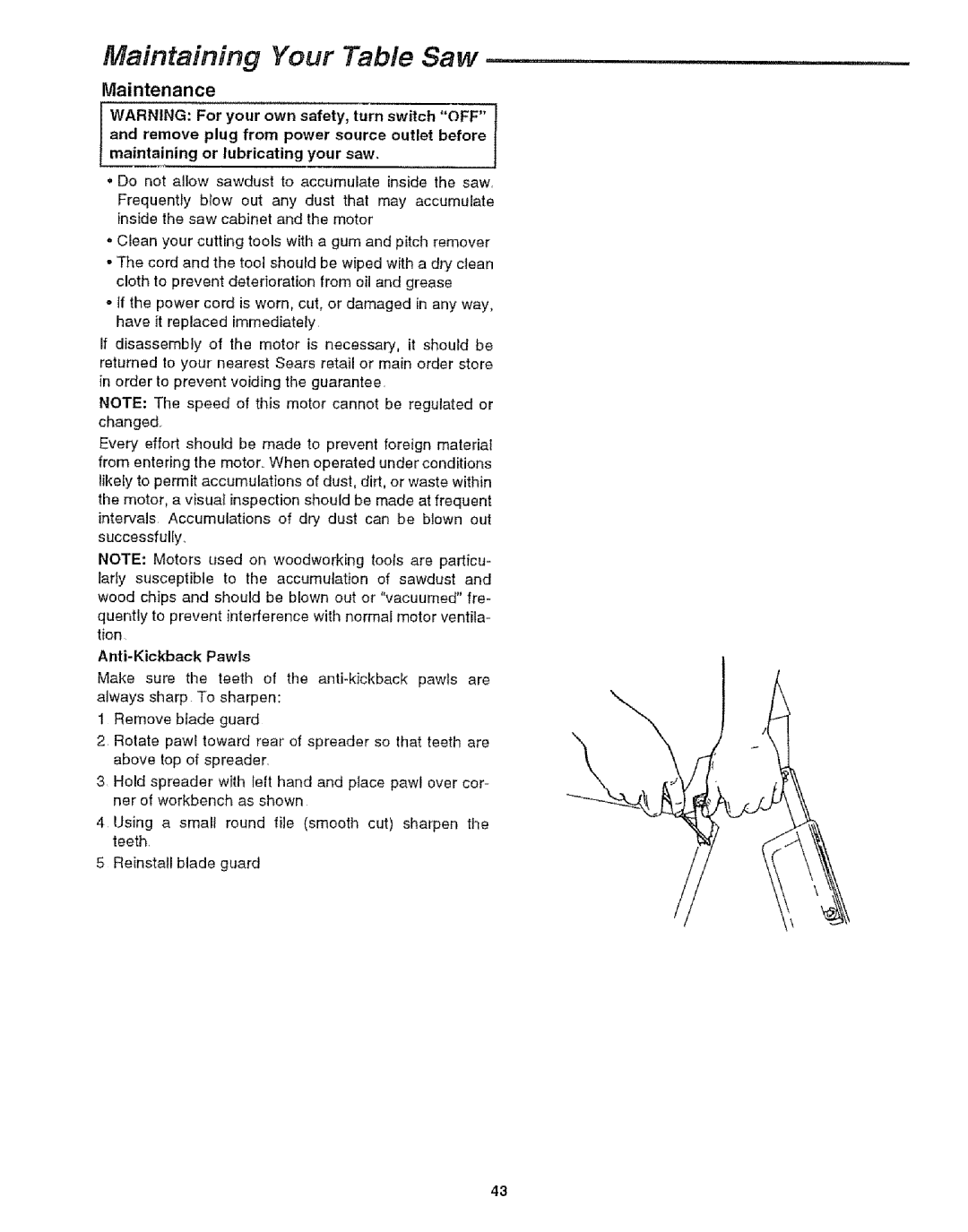 Craftsman 113.29921 owner manual Maintaining Your Table Saw, Maintenance 