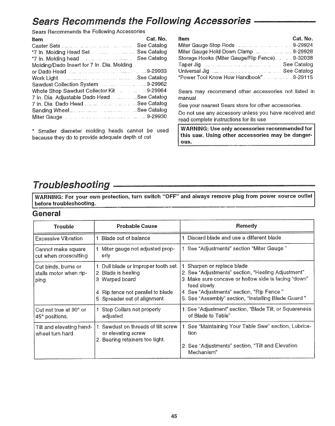 Craftsman 113.29921 owner manual Sears Recommends the Following Accessories, Remedy 