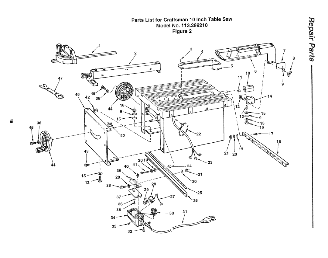 Craftsman 113.29921 owner manual Parts List for Craftsman 10 Inch Table Saw Model No, 201 