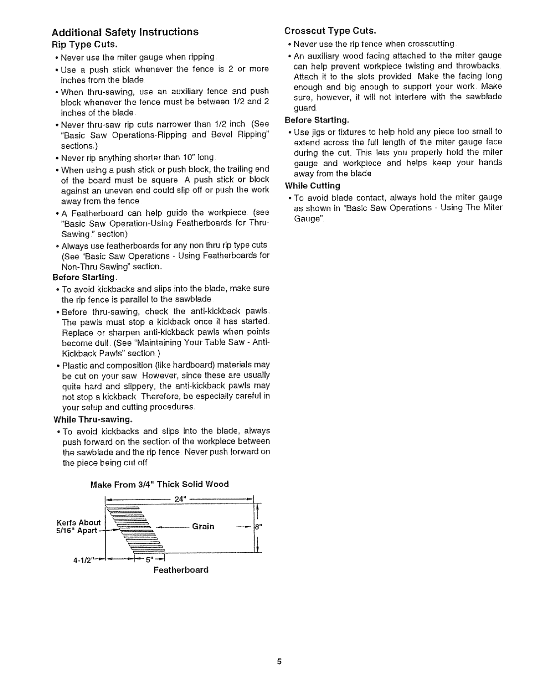 Craftsman 113.29921 owner manual Additional Safety Instructions, While Thru-sawing, Grain, Featherboard 