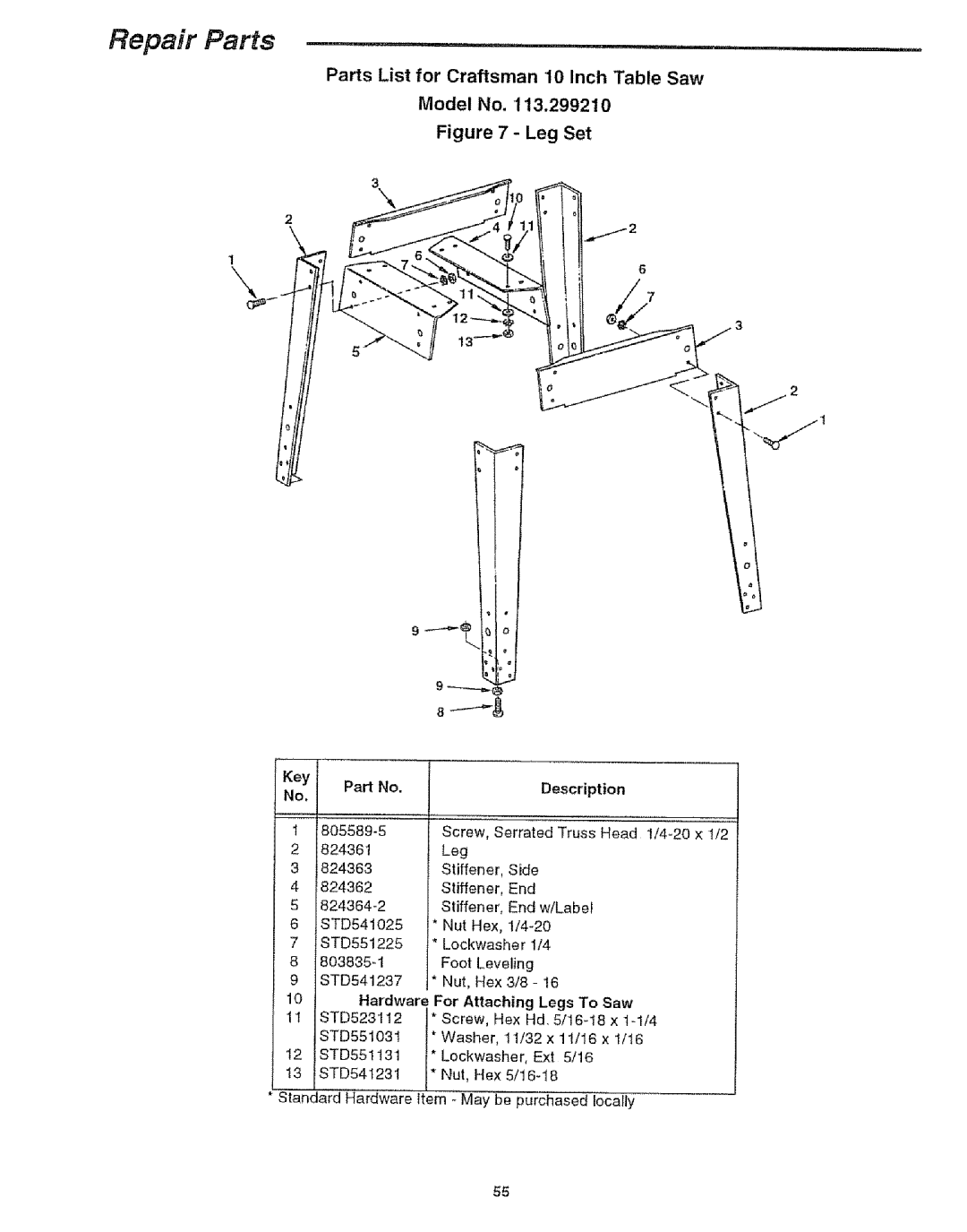 Craftsman 113.29921 owner manual Key j, Foot Leveling 