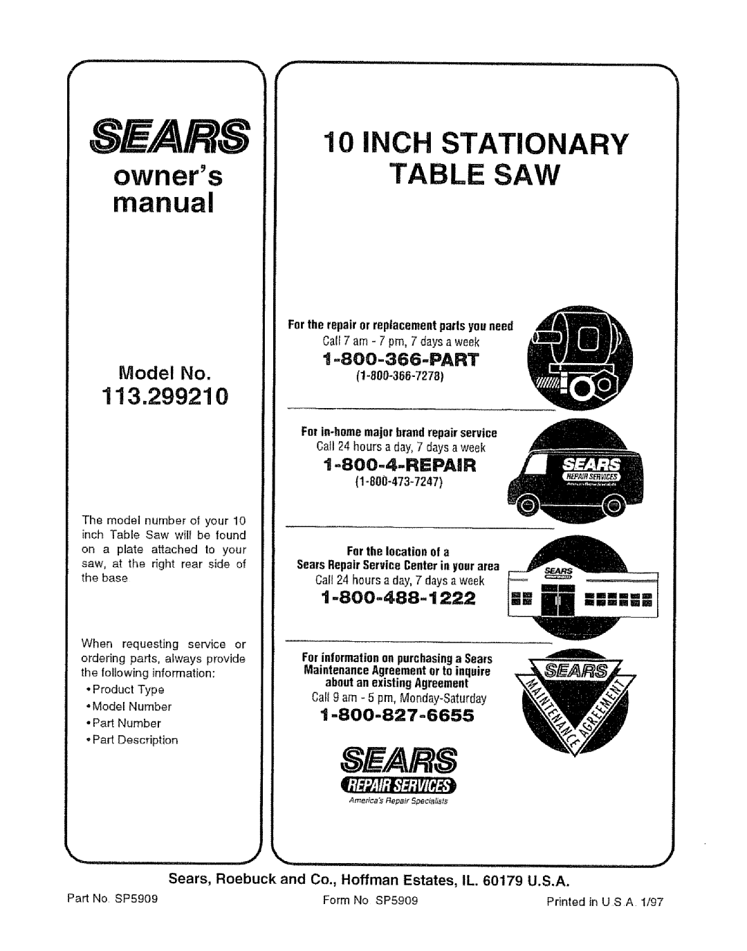 Craftsman 113.29921 Sears, Roebuck, Co., Hoffman Estates, IL U.S.A, For the repair or replacement paris you need 