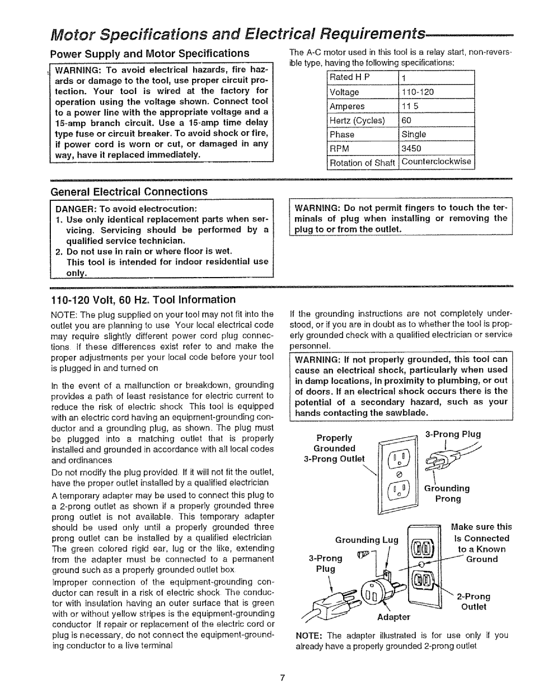 Craftsman 113.29921 Motor Specifications, 110-120Volt, 60 Hz. Tool Information, Properly Prong Plug Grounded Prong Outlet 