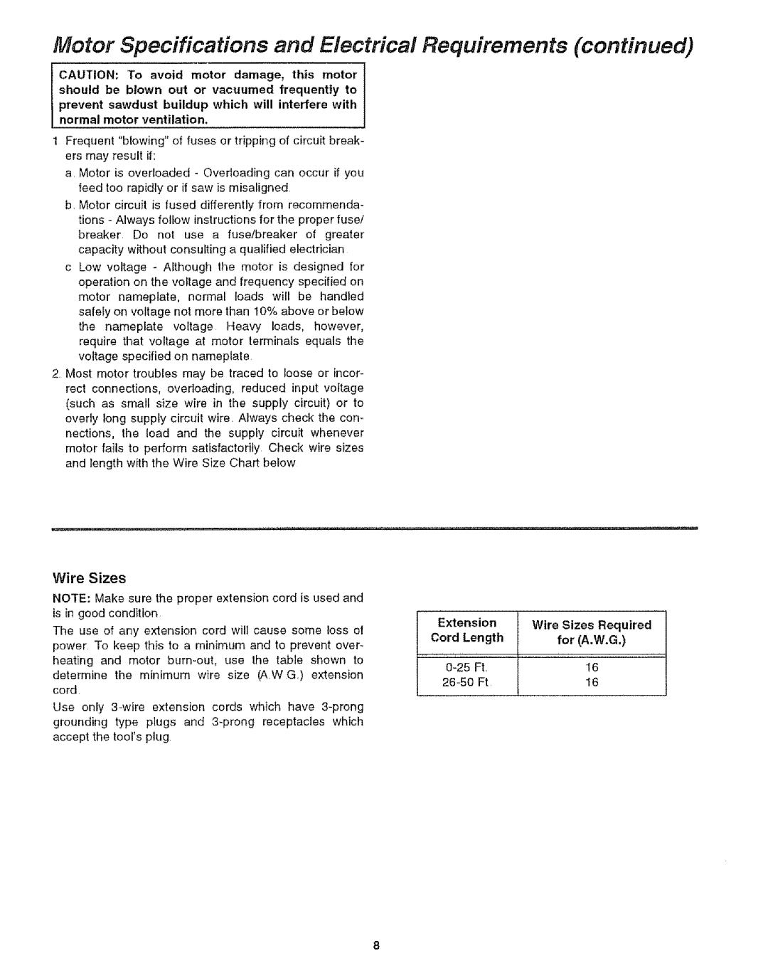 Craftsman 113.29921 owner manual Motor Specifications and Electrical, Requirements, Wire Sizes 