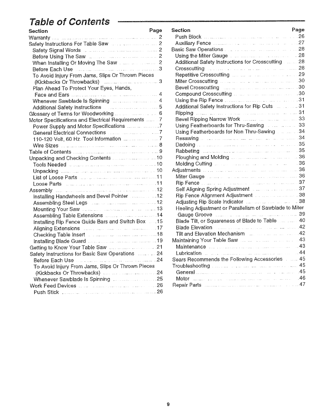 Craftsman 113.29921 owner manual Contents 