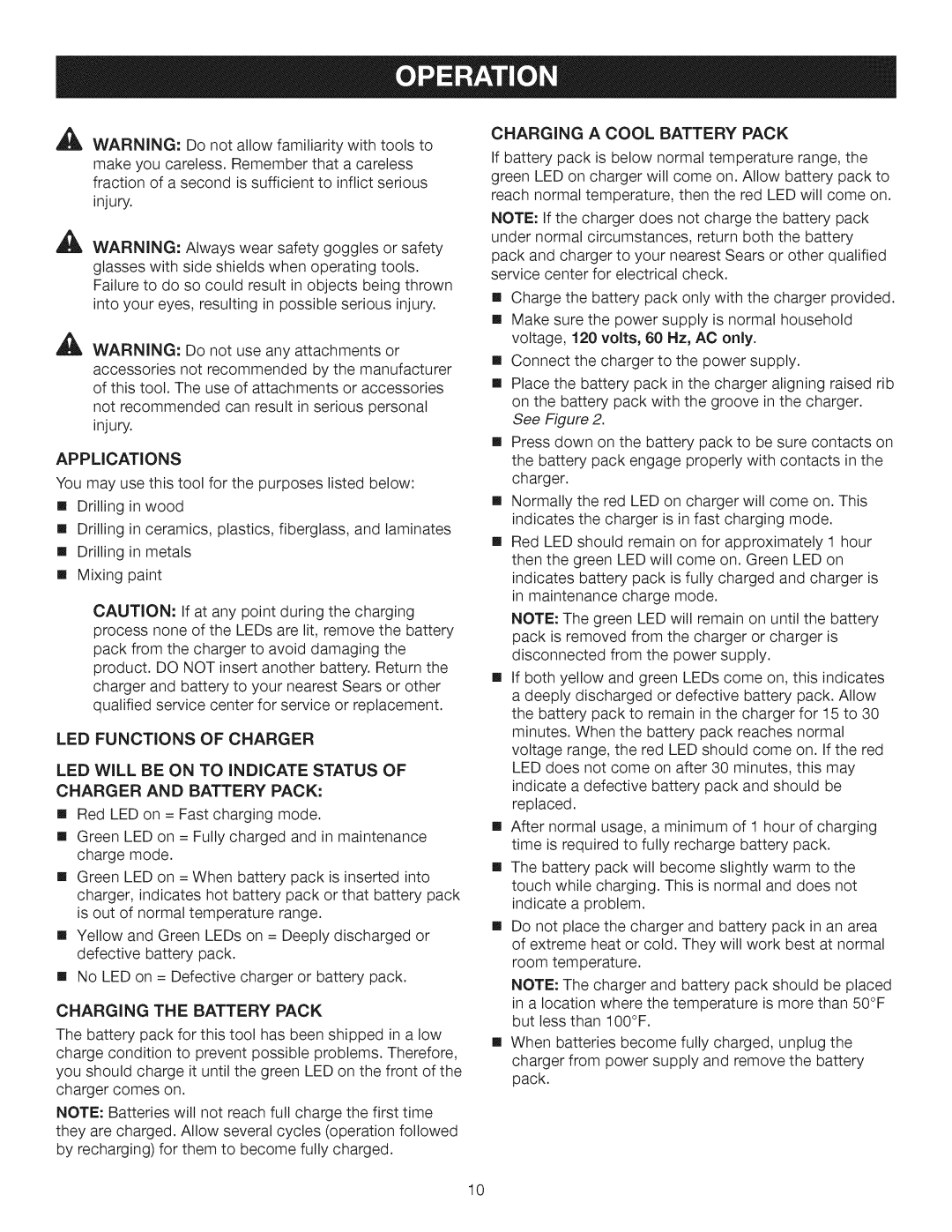 Craftsman 315.115510 manual Charging a Cool Battery Pack, Applications, Charging the Battery Pack 