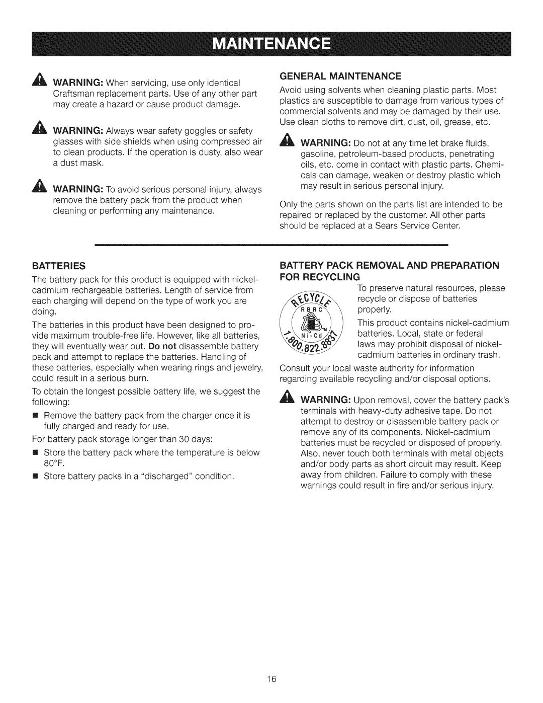 Craftsman 315.115510 manual General Maintenance, Batteries, Battery Pack Removal and Preparation For Recycling 