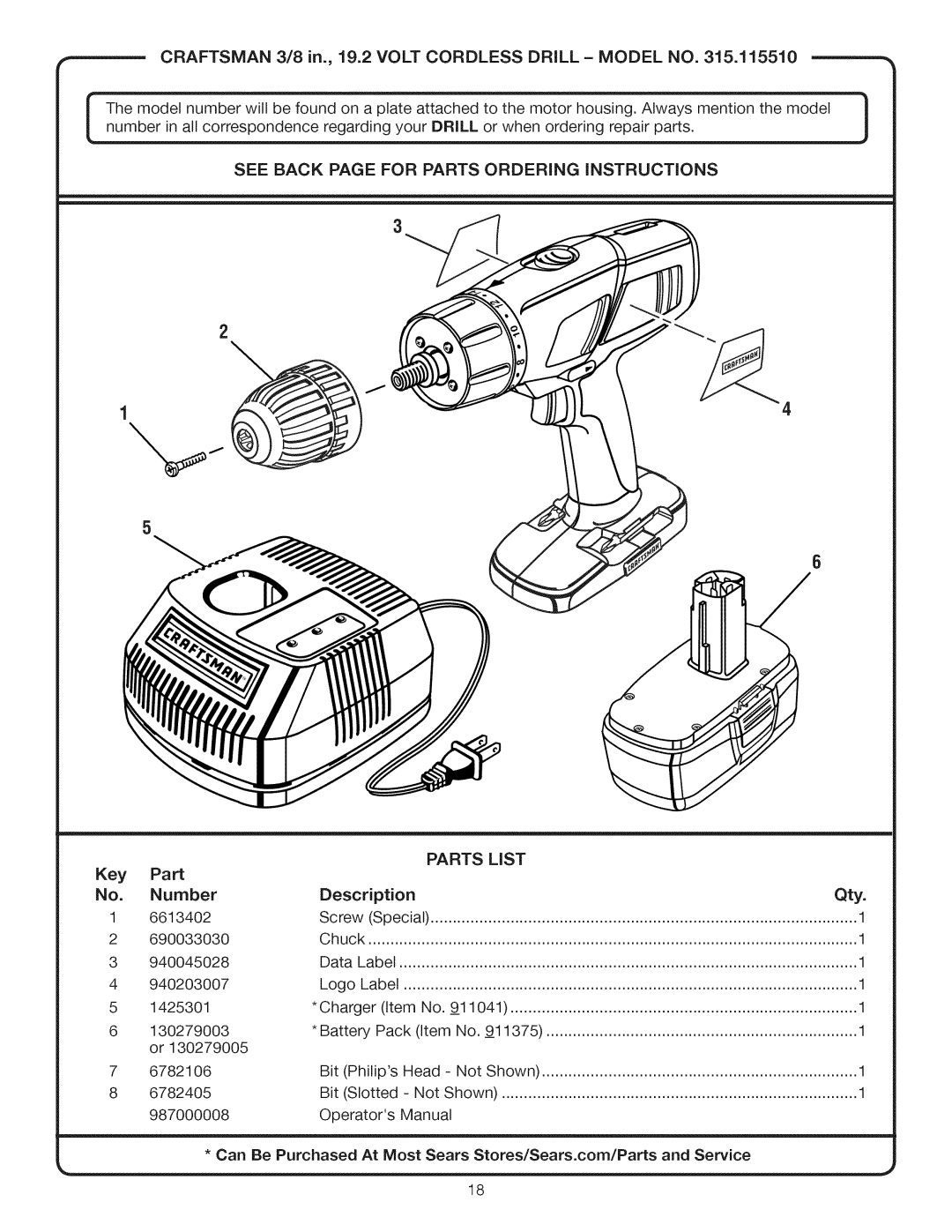 Craftsman 315.115510 manual CRAFTSMAN3/8 in., 19.2 Volt Cordless Drill Model no 