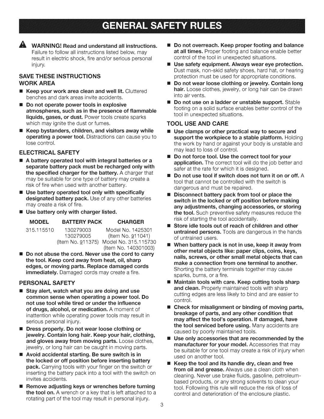 Craftsman 315.115510 manual Model, Charger 