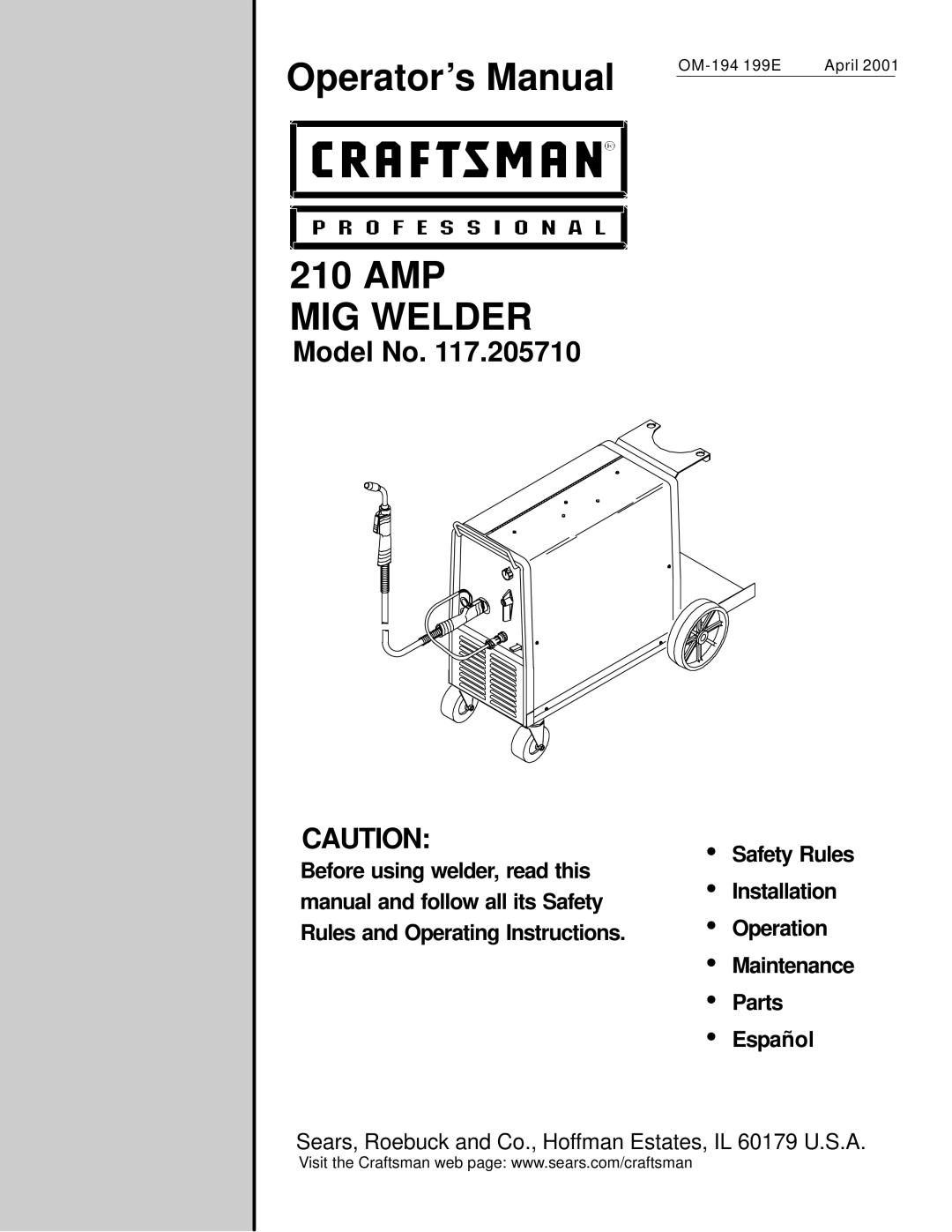 Craftsman 117.205710 operating instructions MIG Welder 