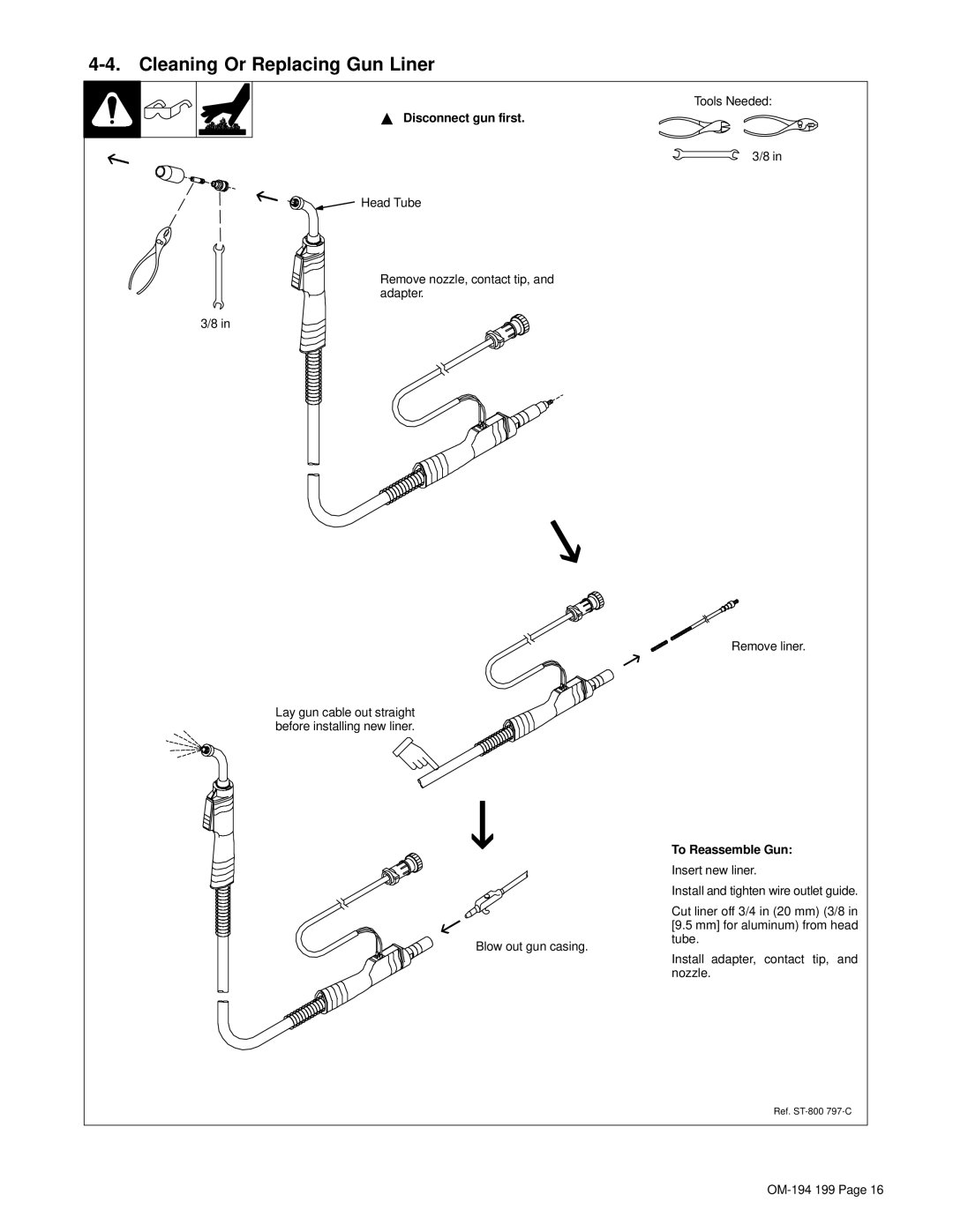 Craftsman 117.205710 Cleaning Or Replacing Gun Liner, Disconnect gun first, Blow out gun casing Remove liner 