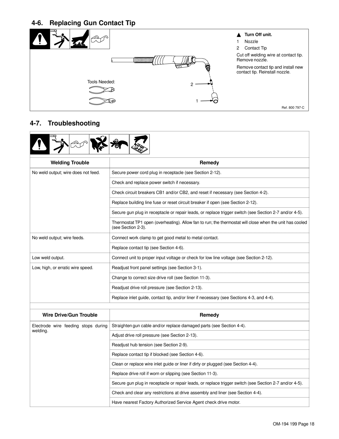 Craftsman 117.205710 operating instructions Replacing Gun Contact Tip, Troubleshooting, See Section 