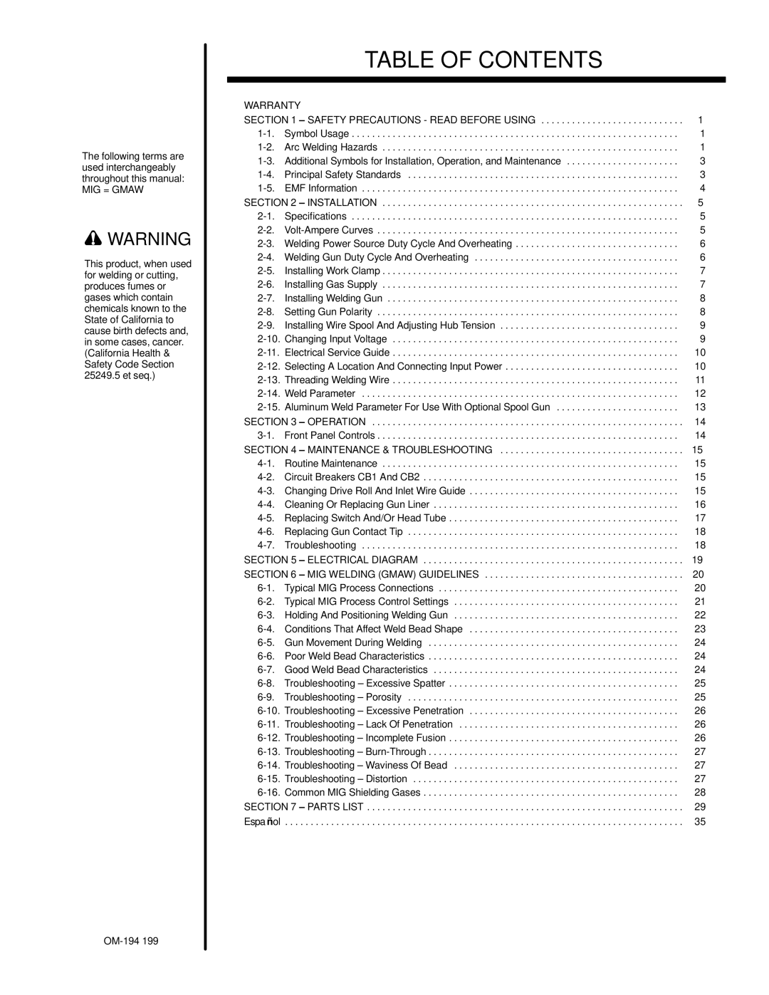 Craftsman 117.205710 operating instructions Table of Contents 