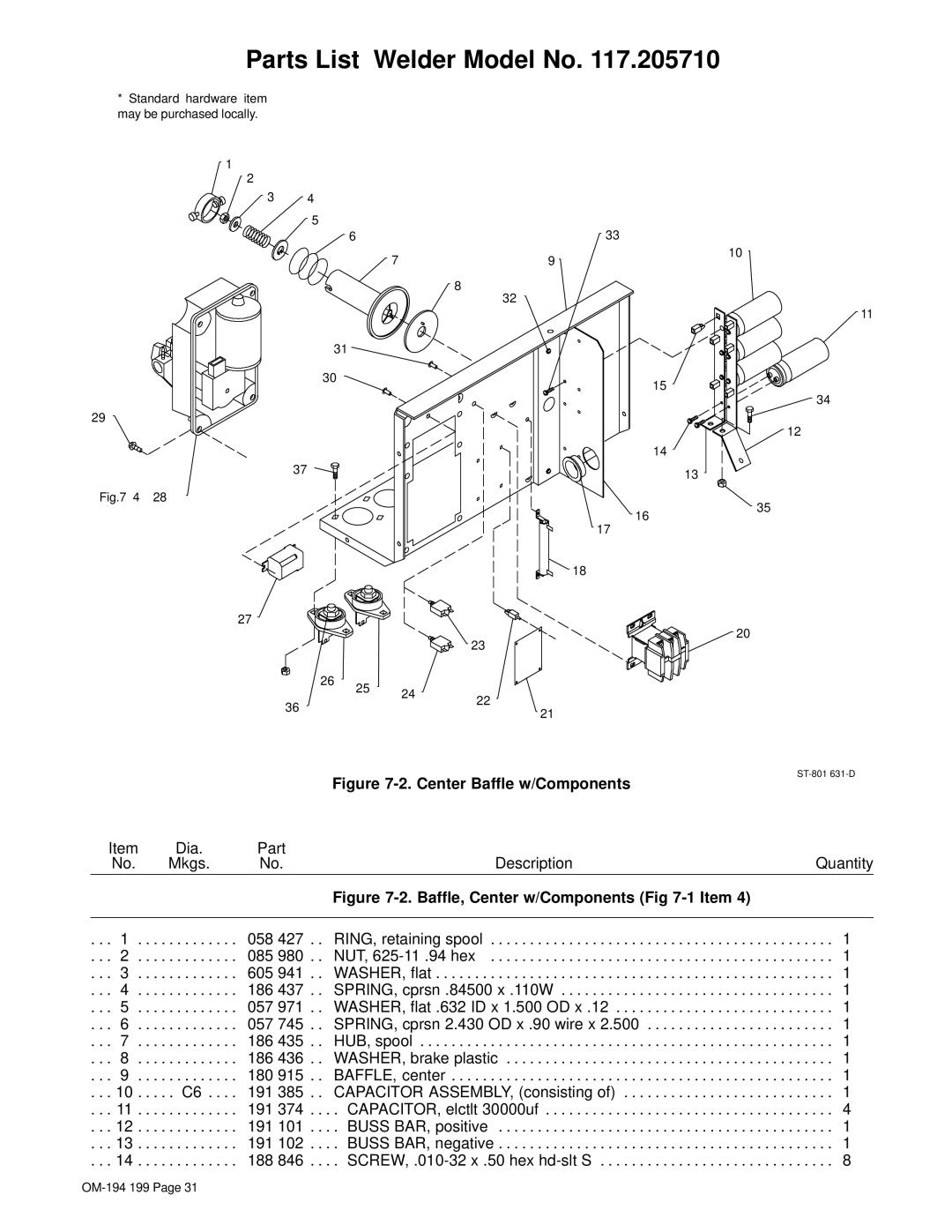 Craftsman 117.205710 operating instructions Center Baffle w/Components 